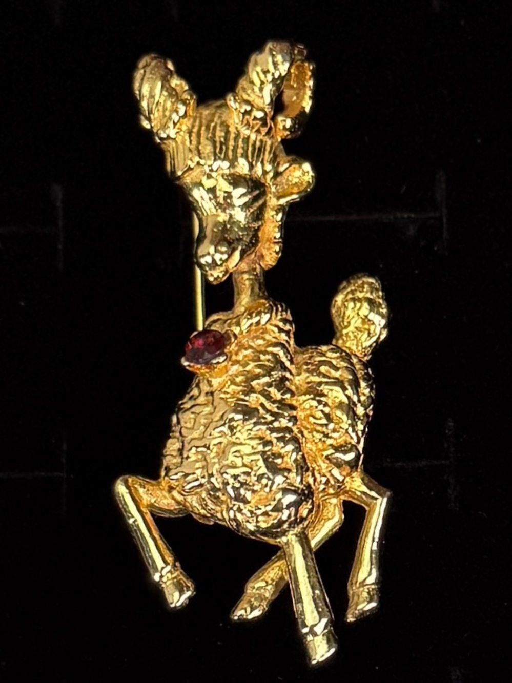 Vintage Goldtone Ram Brooch with Red Accent